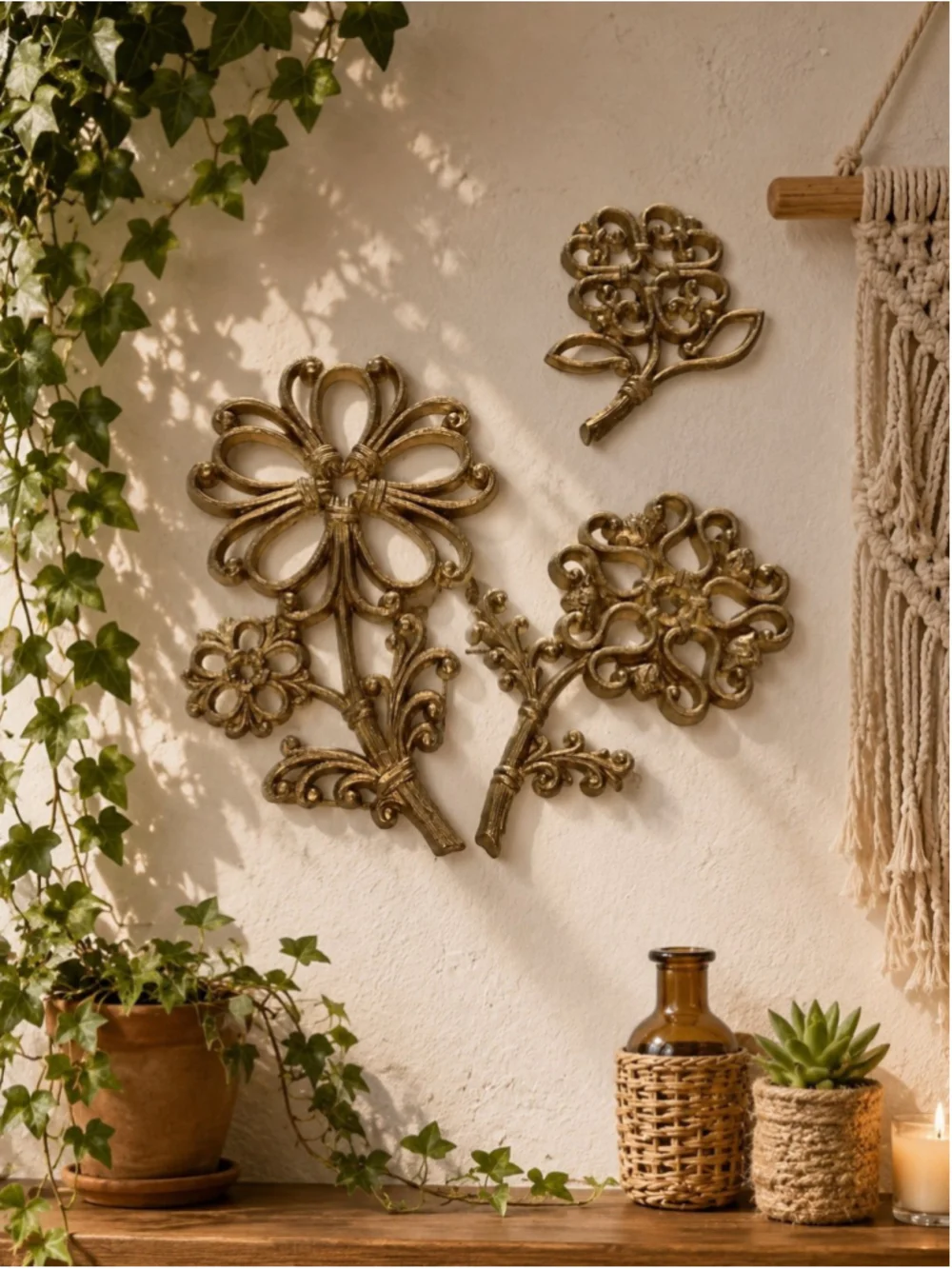 Vintage Gold Floral Wall Art Set Boho Cottagecore Decor Homco